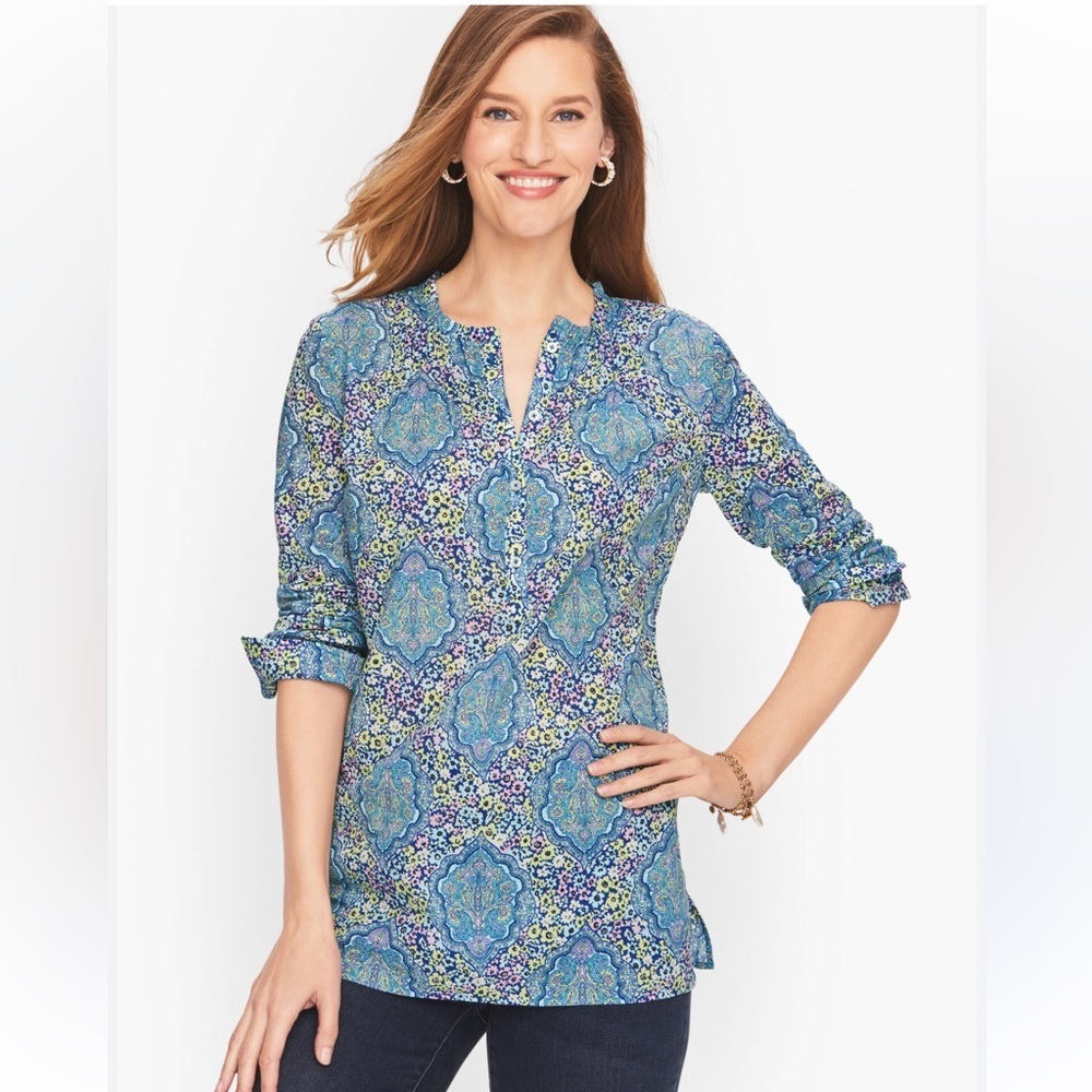 Talbots Long Sleeve Pink Blue Pattern Ruffle Neck Pintuck Popover P211075305- M